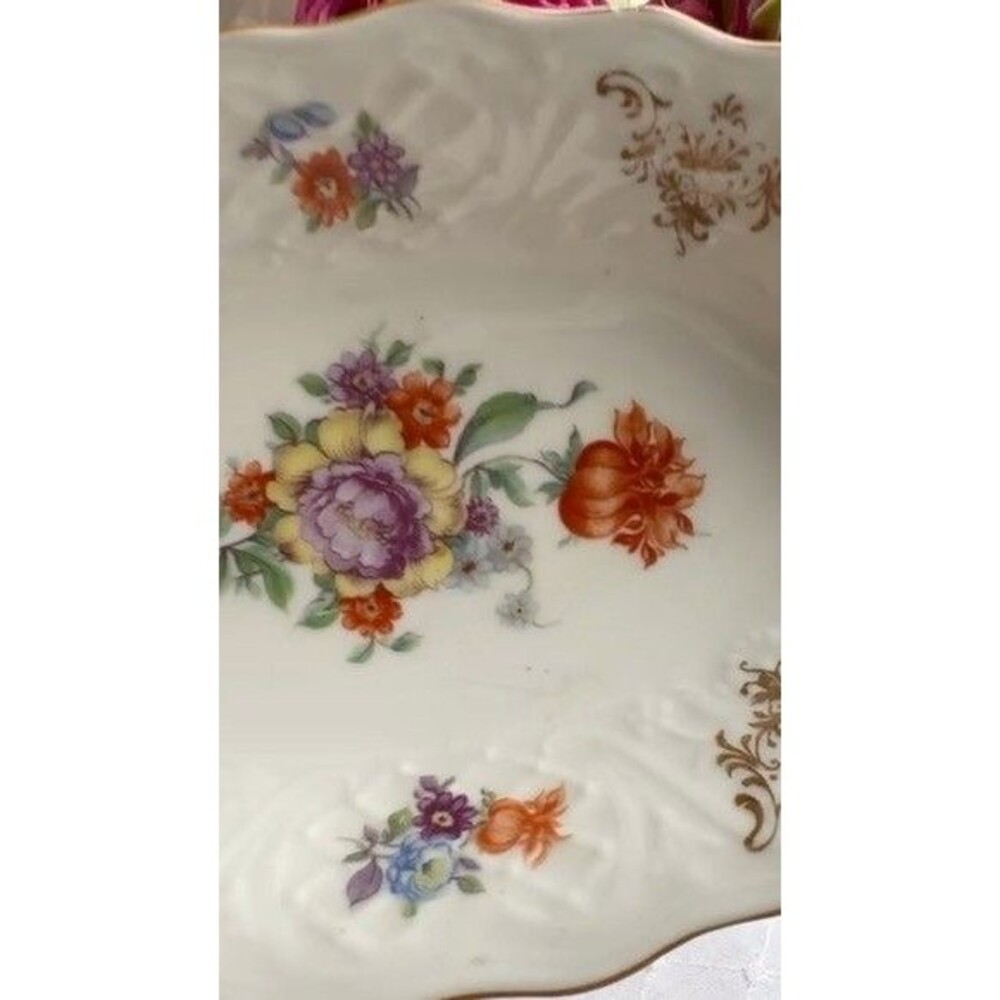 Schumann Bavaria Serving Bowl Gilt Dresden Floral Oval Scalloped Porcelain - Picture 13 of 14